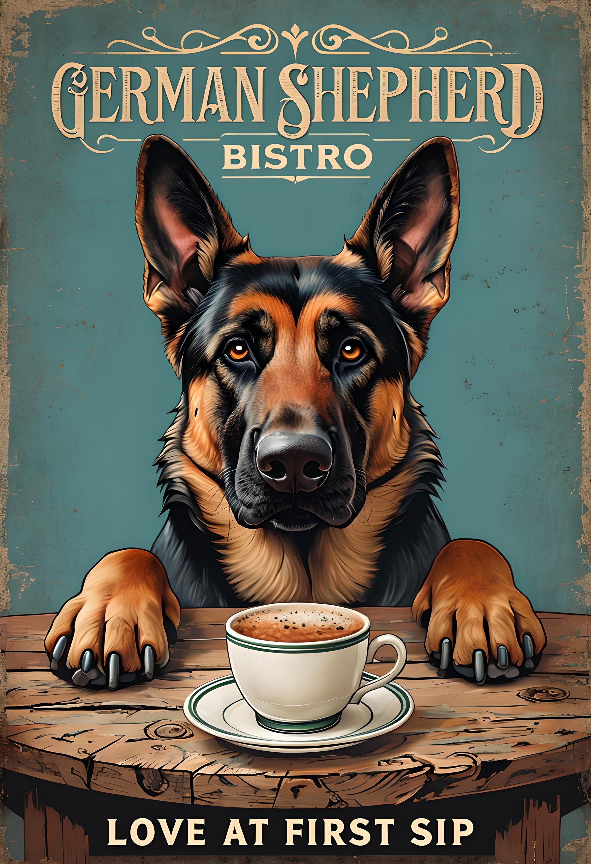 German Shepherd Bistro Metal Sign, German Shepherd Plaque, Coffee