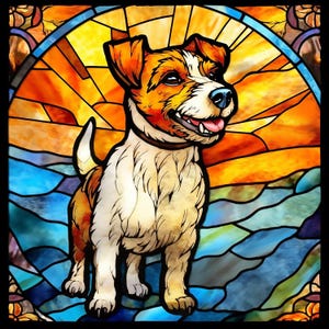 May include: A stained glass image of a Jack Russell Terrier dog standing on a colourful background. The dog is brown and white with a black nose and a black collar. The background is a mix of blue, green, yellow, and orange.