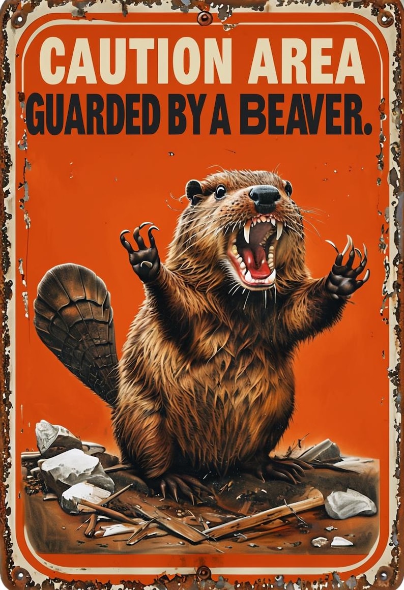 Caution Area Guarded by A Beaver Metal Sign, Beaver Sign, Beaver Plaque ...
