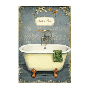 May include: A vintage-style illustration of a white bathtub with gold feet and a green towel hanging over the side. The bathtub is in a bathroom with a blue and white patterned wall and a sign that reads "Salle de Bain".