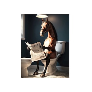 May include: A brown horse with a human torso is sitting on a white toilet and reading a newspaper. The newspaper headline reads "TIMES LEADER".