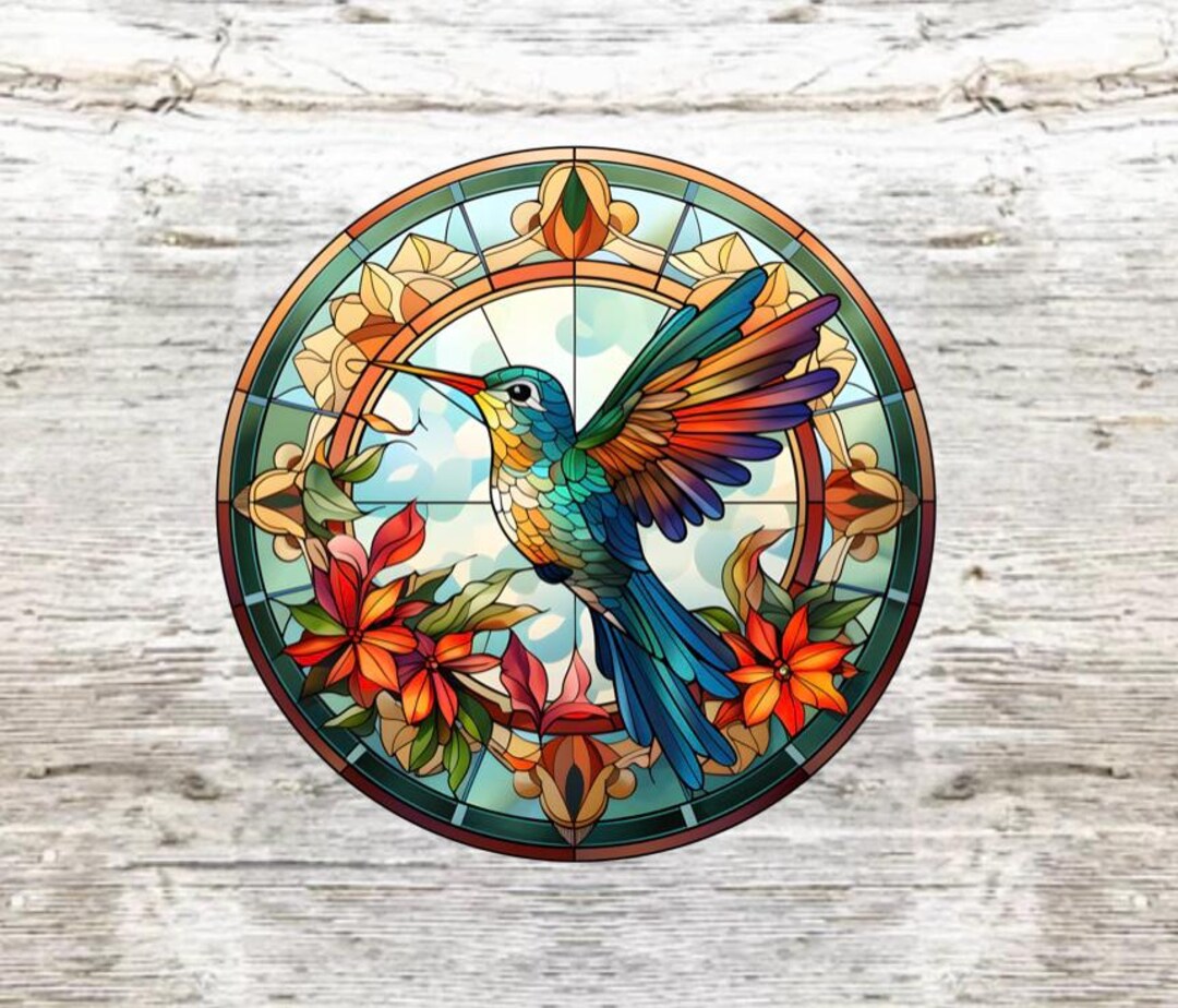 Round Hummingbird Faux Stained Glass Window Metal Plaque, Hummingbird ...