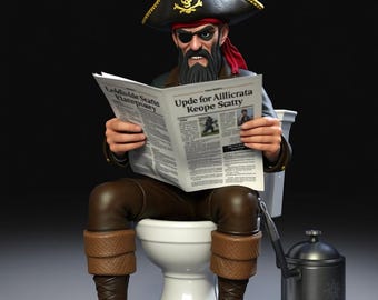 May include: A cartoon pirate wearing a black and red hat with a skull and crossbones, an eyepatch, and a beard, sits on a white toilet reading a newspaper titled "Upde for Allicrata Keope Satty".