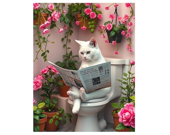 May include: A white cat sitting on a toilet reading a newspaper with the headline "Three Israelis, One from Gaza, Killed in Cross-Fire." The cat is surrounded by pink roses in pots.