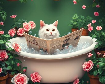 May include: A white cat sits in a white bathtub filled with bubbles and reads a newspaper titled "The Times Villa" and "Petlife Pet Sale Like". Pink roses and green plants surround the bathtub.