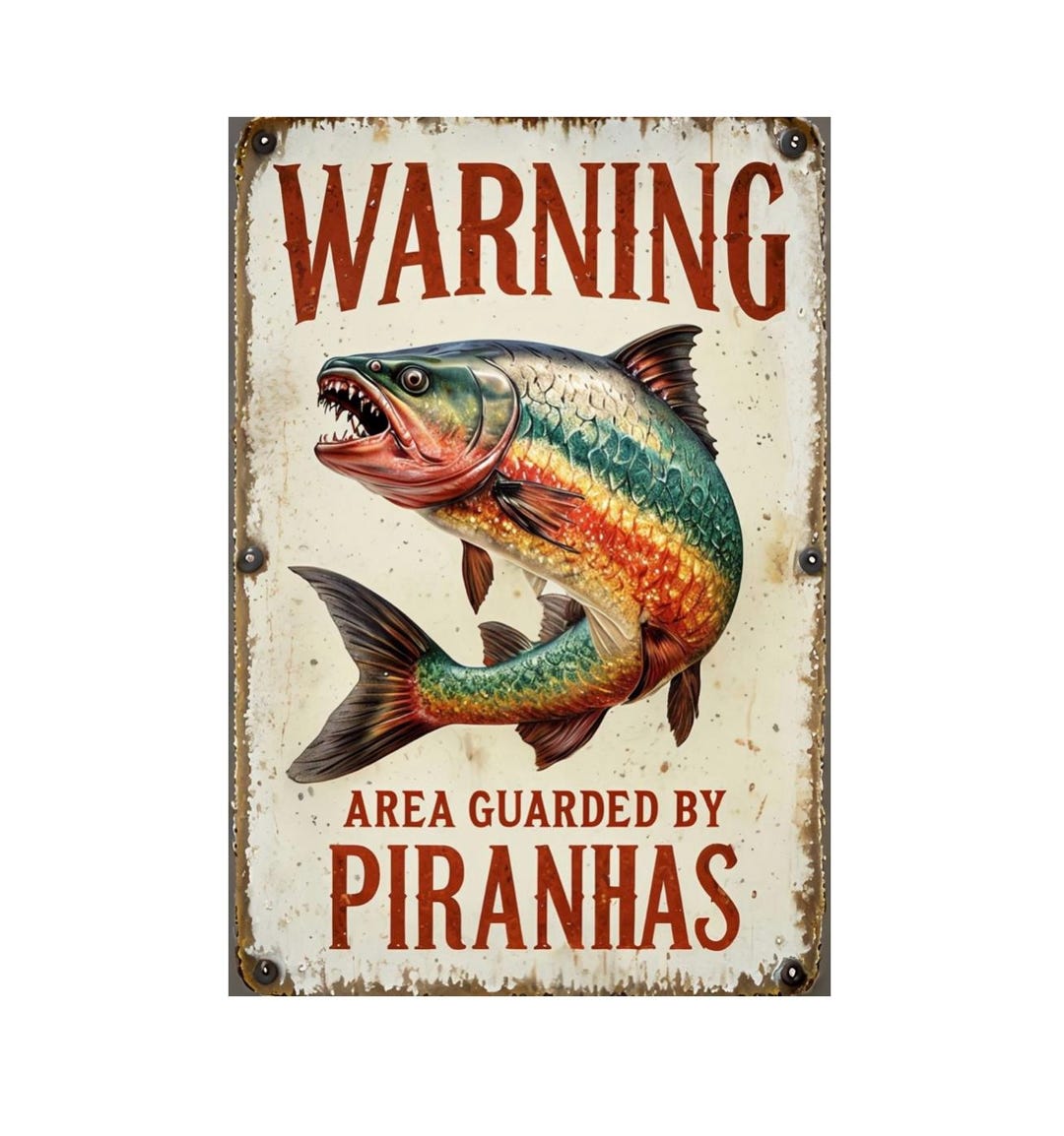 Warning Area Guarded by Piranhas Metal Sign, Piranha Sign, Piranha