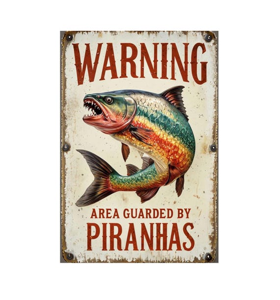 Warning Area Guarded by Piranhas Metal Sign, Piranha Sign, Piranha