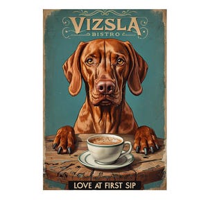 May include: A retro poster showing a Vizsla dog with a coffee cup on a wooden table. The poster reads "VIZSLA BISTRO" and "LOVE AT FIRST SIP". The dog is brown with a serious expression. The background is teal with a distressed effect.