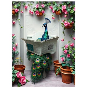 May include: A humorous image of a peacock on a toilet, reading a newspaper. The peacock's blue and green feathers contrast with the white toilet and the surrounding pink roses in hanging pots. A whimsical and artistic depiction.