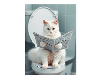 May include: A white cat sitting on a toilet seat reading a newspaper with the headline "Cat?"