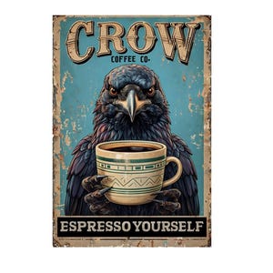 May include: A vintage-style sign with a detailed illustration of a crow holding a coffee cup. The sign reads "CROW COFFEE CO." and "ESPRESSO YOURSELF" in bold lettering. The background is a distressed blue with a rustic, aged appearance.