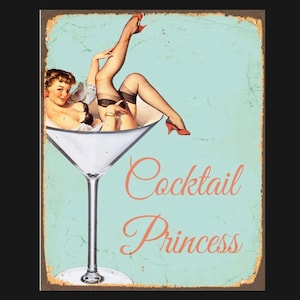 Vintage Cocktail Princess metal drink Sign, Drink sign, vintage sign. Retro wall sign, bar sign