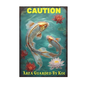 Caution Area Guarded By Koi Metal sign, Koi Metal Sign, Koi Plaque