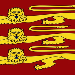 May include: A red flag with three gold lions rampant, each with a blue tongue, on a red background.