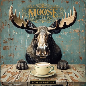 May include: An illustration featuring a moose with large antlers, the words "MOOSE COFFEE CO." in gold lettering, and a cup of coffee on a saucer. The phrase "LOVE AT FIRST SIP" is at the bottom. The background is a weathered, teal-coloured wooden wall.