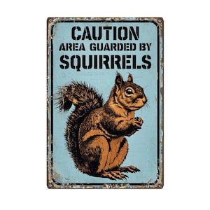 May include: A vintage-style metal sign with a light blue background and the text "CAUTION AREA GUARDED BY SQUIRRELS" in black. A detailed illustration of a brown squirrel is featured on the sign, holding a nut.