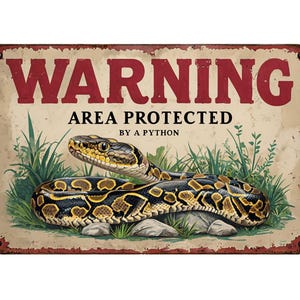 May include: A rectangular metal sign with a distressed, vintage appearance. The sign features the word "WARNING" in large, red letters at the top, with the text "AREA PROTECTED BY A PYTHON" below. A detailed illustration of a python is in the center.