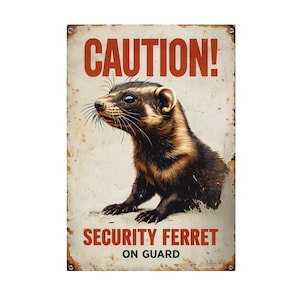 Caution Security Ferret on Guard Metal Sign, Ferret Security Plaque, Ferret Sign