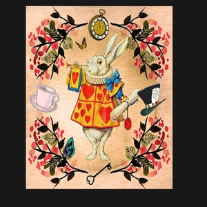 Alice in Wonderland White Rabbit with flowers metal sign , Alice sign. Retro wall sign, wall art, retro wall art