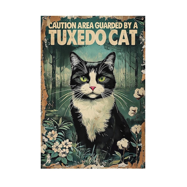 Caution Area Guarded By A Tuxedo Cat metal sign, Tuxedo Cat Plaque,Tuxedo Cat sign