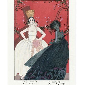 May include: An art deco illustration depicting two women in gowns set against a red background with floral details. One woman is in a white dress, the other in a black dress. The French text "Le Jour et la Nuit" is at the bottom.