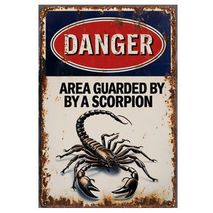 Könnte beinhalten: Rechteckiges Metallschild mit abgenutztem, rostigem Finish. Oben befindet sich ein rotes Oval mit dem Wort „DANGER“ in Weiß. Darunter steht der Text „AREA GUARDED BY A SCORPION“ über einer detaillierten Skorpion-Illustration.
