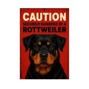 May include: A red and white sign with the text "CAUTION SECURELY GUARDED BY A ROTTWEILER" and a black and brown Rottweiler dog looking directly at the viewer.