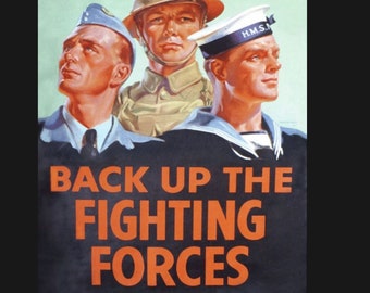 Vintage Back Up The Fighting Forces Sign, Wartime sign, vintage sign. Retro wall sign, propaganda sign