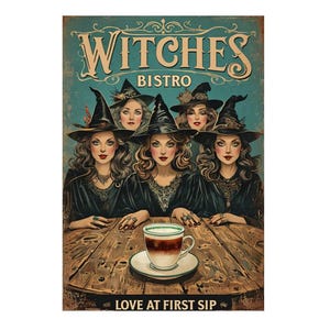 May include: A vintage sign for Witches Bistro, depicting five women in witch hats gathered around a wooden table. The sign has a teal background with the words "Witches Bistro" and "Love at First Sip". A cup of coffee sits on the table.