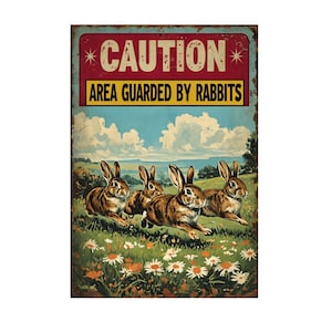 May include: A distressed metal sign with the words "CAUTION AREA GUARDED BY RABBITS." The image shows four brown rabbits running through a field of daisies under a blue sky. The sign has a vintage, aged look, with a red and yellow border.