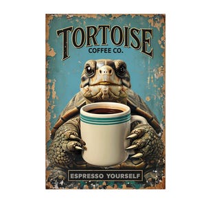 May include: A vintage-style sign featuring a tortoise holding a coffee mug. The sign reads "TORTOISE COFFEE CO." above the tortoise and "ESPRESSO YOURSELF" below. The background is a distressed teal colour.
