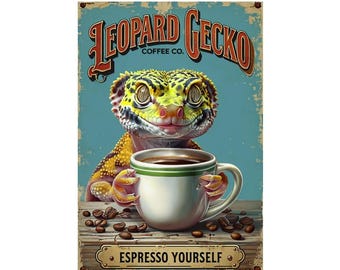Leopard Gecko Coffee Co metal sign, Leopard Gecko Plaque, Leopard Gecko sign, Coffee Sign, Coffee Plaque