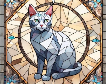 May include: A stained glass window design featuring a white cat with green eyes sitting in the center of a circular pattern. The cat is surrounded by a mosaic of colorful glass pieces.