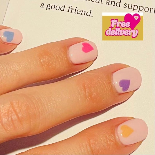 Stickers nail art eau décalcomanie coeurs - ongles design printanier - coeurs pastel rose bleu violet vert jaune