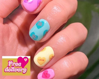 Heart Waterslide Nail Decals // Valentines Day Nail Art // Love Nail Decals //Cute Pastel Nail Art // Conversation Heart Nails