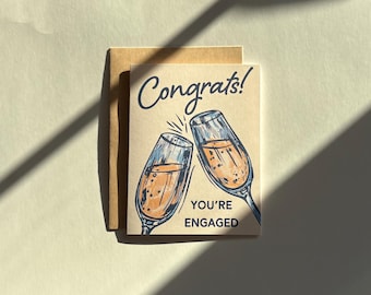 Congrats! You’re Engaged | Handmade Engagement Card with Brown Kraft Envelope | Champagne Glasses Illustration