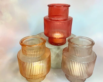 Pink Ribbed Glass Vases / Lanterns / Tea light Candle Holders