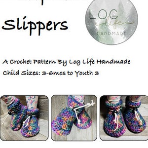 May include: A crochet pattern for sheepskin slippers for children, sizes 3-6 months to youth 3. The slippers are multi-colored with a rainbow pattern.