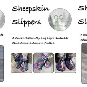 May include: Three crochet sheepskin slipper patterns for baby, child, and adult sizes. The patterns are available for download and include instructions for making the slippers. The image shows the finished slippers in different colours and sizes.