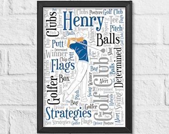 May include: A word cloud art print featuring a golfer in a blue shirt and white trousers. The word cloud includes terms related to golf, such as "clubs", "balls", "flags", "putt", "swing", "strategy", and "determined". The golfer's name, "Henry", is prominently displayed in the centre of the word cloud.