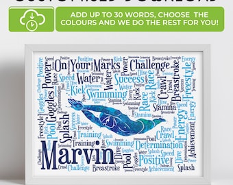 May include: A blue and white word cloud art print with the name "Marvin" in the center. The word cloud features words related to swimming, such as "pool", "race", "freestyle", "crawl", "breastroke", "energy", "stamina", "determination", "success", and "positive".