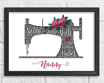 Personalised Sewing machine gift Print - Custom Word Art Wall Art - Birthday, Thank You Gifts - For Her, Women, Nanny, Mum