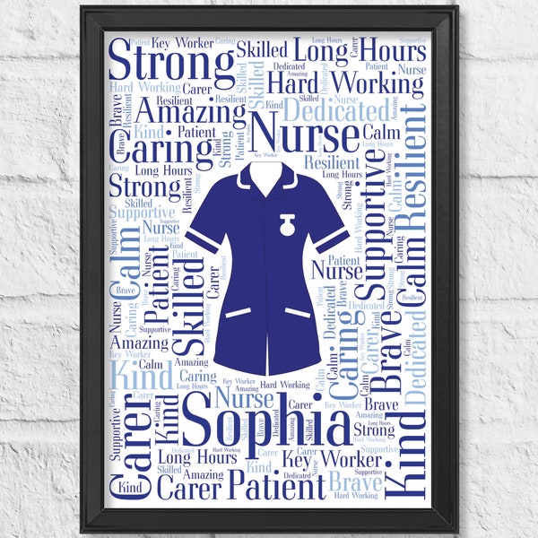 Impresión personalizada de enfermera - Arte de pared de palabra personalizado - Graduación, trabajador del NHS, trabajador clave, cumpleaños, regalos de agradecimiento - para él, ella, hombres, mujeres