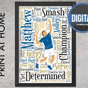 DOWNLAD NUMÉRIQUE - Cadeaux tennis personnalisés pour lui - Joueur de tennis masculin - Cadeaux pour joueur entraîneur de tennis - Impression d'art mural Tennis Word Art
