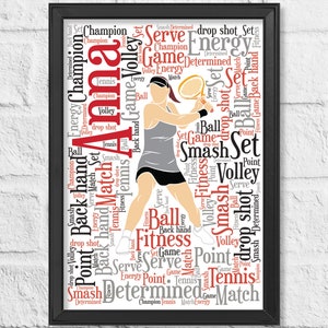 May include: A red and grey word cloud art print featuring a silhouette of a tennis player with a tennis racket. The words in the cloud include "tennis", "match", "game", "set", "volley", "smash", "serve", "point", "fitness", "energy", "champion", "determined", and "backhand".
