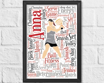 Personalised PLUS Tennis Gifts For Her - Female Tennis Player - Tennis Coach Player Gifts - Tennis Word Art Wall Art Print For Women Girls