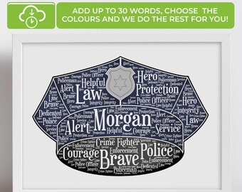May include: A blue and white word cloud in the shape of a police officer's hat. The words include "police", "hero", "brave", "law", "protection", "service", "integrity", "helpful", "alert", "courage", "crime fighter", "enforcement", "dedicated", and "policeman".