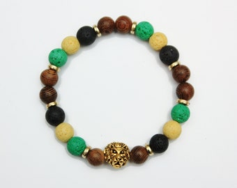 JAMAICA lion of judah real lava rock bead stretch bracelet, rasta, rastafari, one love, bob marley