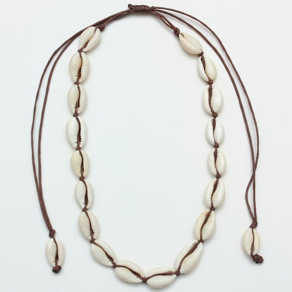 Cowry Shell Choker Necklace, Handmade in Bali, Adjustable Pull Cord, For Men and Women, Real Shell Beach Jewelry, All Natural Materials,
