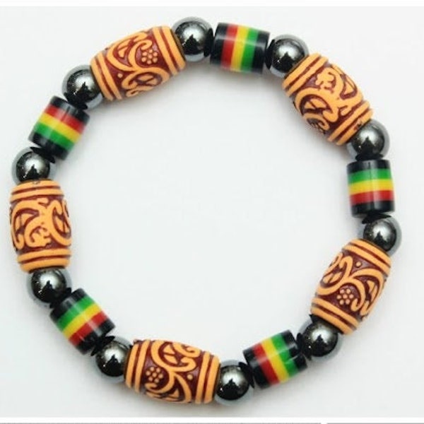 RASTA hematite stretch bracelet, rastafari, jamaica, bob marley, one love